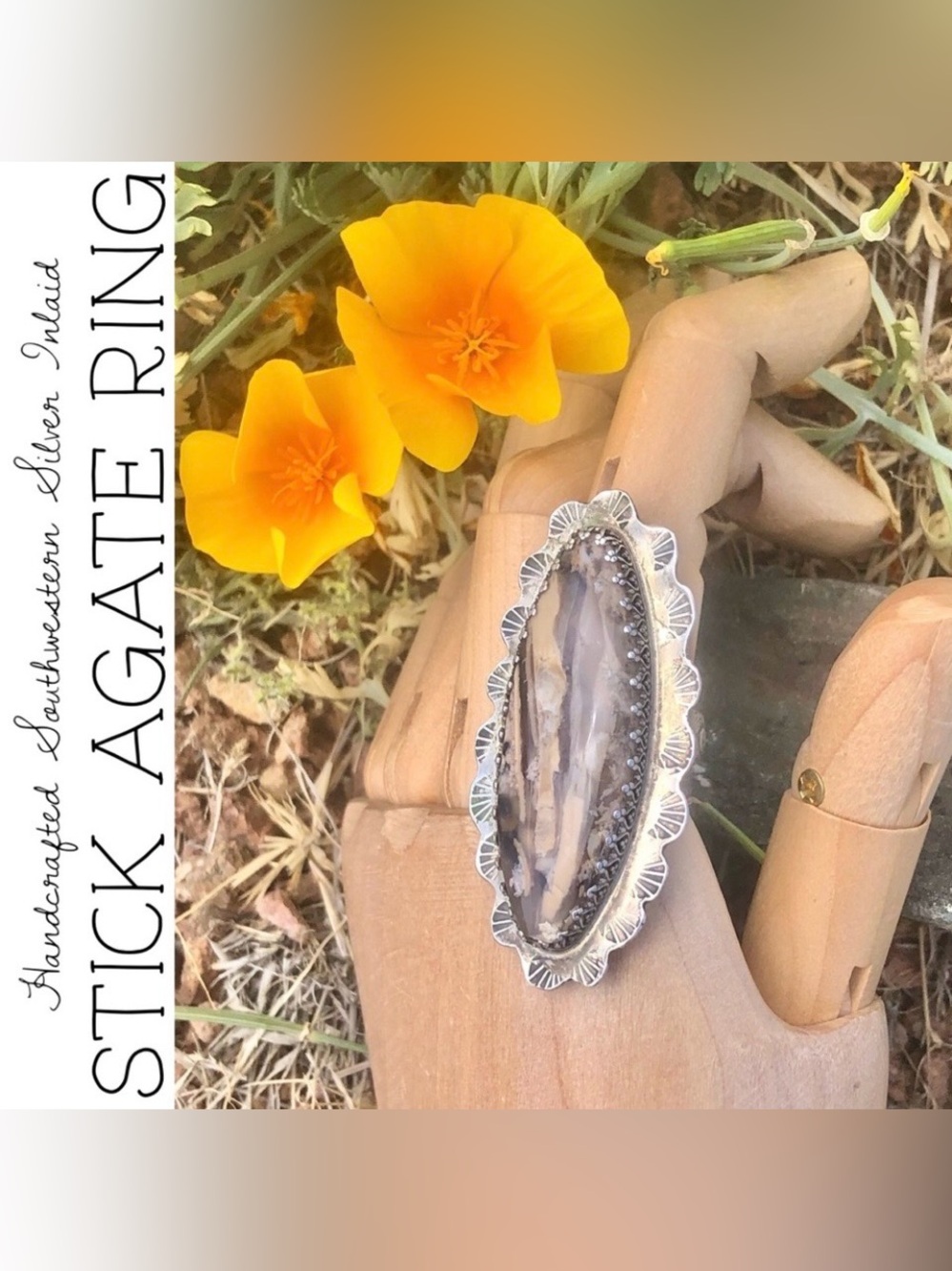 Handcrafted Southwestern Silver Inlaid Stick Agate Ring